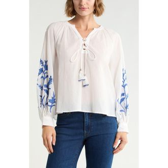 Joie Embroidered Tie Neck Top in White W/Blue Embroidery at Nordstrom Rack, Size X-Small