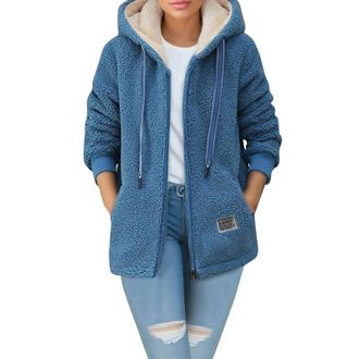 Generic Womens Fleece Jacket Winter Soft Teddy Coat Plush Full Zip Sherpa Hoodie Fuzzy Sweatshirt with Pockets Thick Warm Anorak Loose Outwear Blue L
