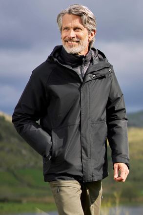 Mountain Warehouse Alaskan Mens 3 In 1 Long Jacket with Pockets Breathable Coat Black