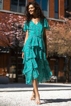 Roman Floral Print Chiffon Tiered Midi Dress