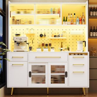 Merax Smart Kitchen Dresser Sideboard with Hutch, LED Lighting & Pegboard in White