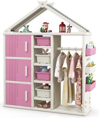 Costway Armadio per Bambini, Organizzatore a Forma di Casa con 1 Lavagna, 3 Armadietti, 4 Cestini, 3 Cubi Chiusi e 3 Cestini Laterali, Armadietto