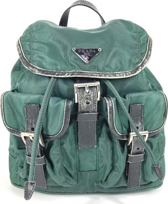 Prada Black Green Leather Nylon Backpack (Pre-Owned)