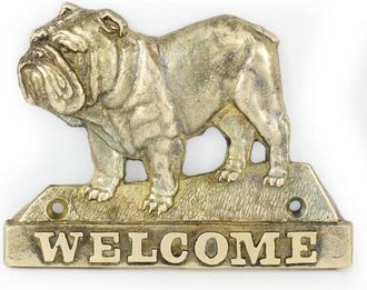 OEM Bulldog: Un Cartel Para Puerta Con Un Perro, Una Placa De Bienvenida De Lat&oacute;n, Un Cartel &Uacute;nico Con La Palabra Bienvenido De Art-dog