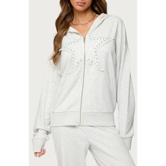 Edikted Briela Stud Detail Zip-Up Cotton Blend Hoodie in Gray-Melange at Nordstrom, Size X-Small