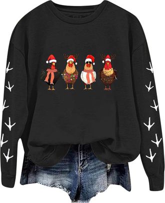 Generic Christmas Jumpers For Women Funny Chicken Print Oversized Pullover Sweatshirt Crew Neck Long Sleeve Basic Tops Autumn Winter Novelty Xmas Jumper Stree
