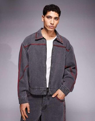 Liquor & Poker Giacca oversize stile baseball nera con ricamo in coordinato-Nero