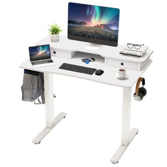 Costway Scrivania Elettrica Regolabile In Altezza 100 X 60 Cm, Con 2 Cassetti, Altezza Regolabile, Supporto Per Monitor, 2 Ganci, Bianco