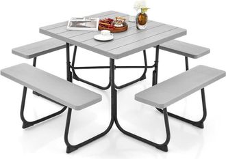 Costway Conjunto De Mesa De Camping Con Banco, 8 Personas, Mesa Camping Cuadrado Con 4 Bancos,hdpe, Orificio Para Sombrilla, Mesa Y Sillas Jardin Patio Terraz