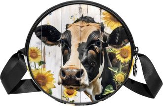 Generic Circle Crossbody Bag for Women, Cow Sunflower Small Sling Bag Daypack with Zipper Adjustable Shoulder Straps Casual Ladies Girls Round Purse