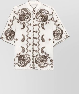 Zimmermann linen embroidered short-sleeve mock-neck blouse