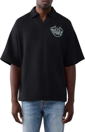 True Religion Tiger Graphic Oversize Polo in Jet Black at Nordstrom, Size Xxx-Large