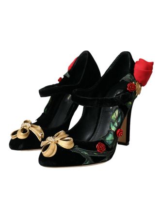 Dolce & Gabbana Womens Black Roses Crystal Brooch Mary Jane Shoes Se+vi