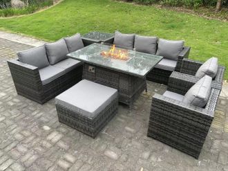 Fimous 9 Seater Outdoor Rattan Gas Fire Pit Table Sets Lounge Chairs Big Footstool in Dark Grey