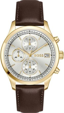 BOSS Stratus Chronograph Leather Strap Watch, 41mm in Silver at Nordstrom
