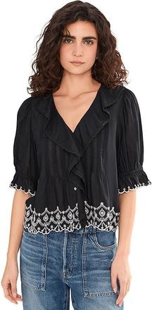 Madewell Ruffled Puff-Sleeve Top Womens Clothing Jet Black : LG (Womens 10-12), Cotton/Viscose