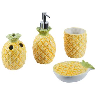 Beliani Beliani - Conjunto De Accesorios De Ba&ntilde;o De Dolomita Amarillo Dispensador Jabonera Portacepillos Vaso Dise&ntilde;o De Pi&ntilde;a Moderno Maicao