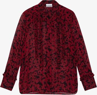 Ganni Red Printed Light Georgette Ruffle Shirt - Size 38 Viscose