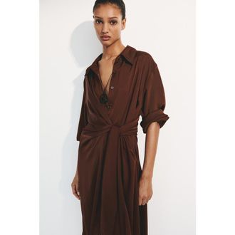 H&M Tie-detail shirt dress in Rust Brown at Nordstrom, Size X-Small