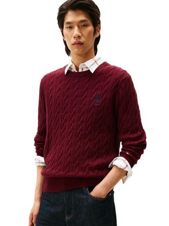 Tommy Hilfiger Mens Crest Cable Knit Crewneck Sweater Lightweight Pullover, Deep Burgundy Heather, XL