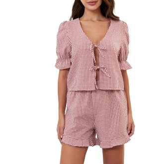 Generic Ladies Plus Size Pyjama Bottoms Women Tie Front 2 Shorts Set Plaid Puff Sleeve Peplum Shirt Ruffle Hem Pajama Set Striped Outfit Cute Pajamas (Red, XL