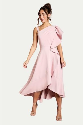 Coast One Shoulder Crepe Ruffle Midi Dress in Blush at Nordstrom, Size 10