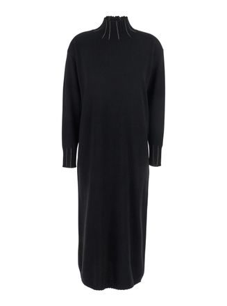 Fabiana Filippi Black High Neck Dress With Rhinestone Details In Wool Blend Woman