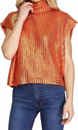 She + Sky Metallic Foil Short Sleeve Sweater Top In Orange