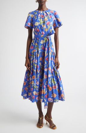 Carolina Herrera Poppy Print Tiered stretch Cotton Midi Dress in Bluebell Multi at Nordstrom, Size 16