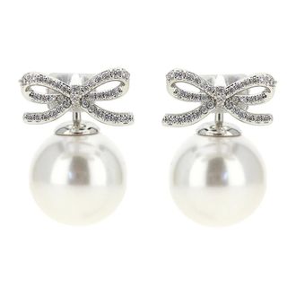 Self Portrait Crystal Bow Pearl Back Earrings - female - Self Portrait - Earrings - Gray - ONE SIZE - Accessories