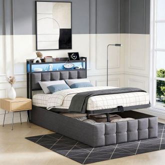 OEM Cama Litera Simple 90 X 200cm Con Cofre De Almacenamiento, Somier De Lamas Incluido, Usb Y Led, Gris