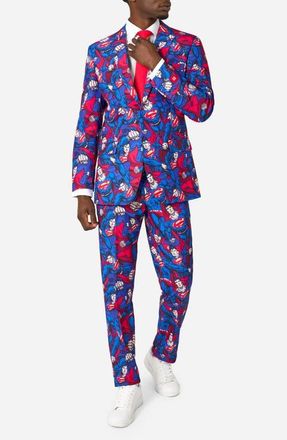 OppoSuits x Superman The Man of Steel Slim Fit Two-Piece Suit & Tie Set in Blue Multi at Nordstrom, Size 48 Regular