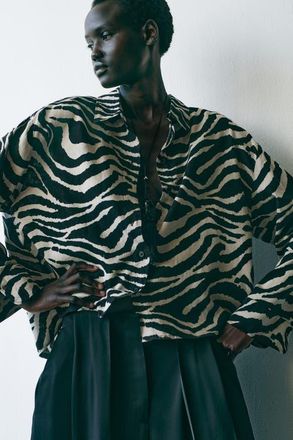 H&M Linen-blend Shirt in Black/zebra Print at Nordstrom, Size Xx-Small