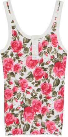 Chlo&eacute; Roses Print Rib Henley Tank in White - Pink at Nordstrom, Size Medium