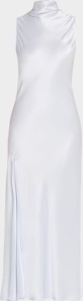 Sally Lapointe Sleeveless Draped-Neck Satin Slit Midi Dress