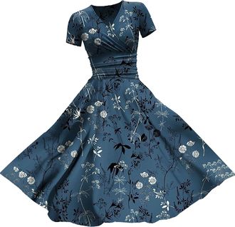 Generic Party Dresses For Women Elegant - Sundresses For Women Short Sleeve Fashion Print Dress For Women V Neck Soft Comfort Wedding Guest Dresses For Women 