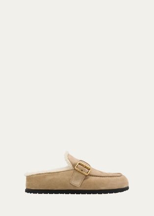 Prada Shearling-Lined Suede Buckle Clogs