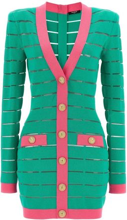 Balmain Tweekleurige Gebreide Jurk met Knopen - Dames - Kleedjes - Groen - S - Polyester - Kleedjes