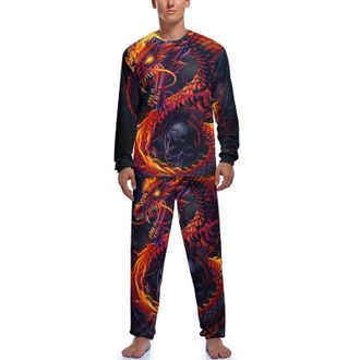Generic Flame Skull Dragon Mens Pajama Sets 2 Piece Sleepwear Long Sleeve Top & Bottom Pant Loungewear