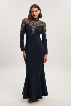 Karen Millen Petite Crystal Embellished Maxi Dress in Midnight at Nordstrom, Size 12P