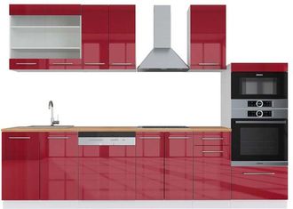 Vicco Mueble De Cocina Fame-line, Burdeos Brillo Intenso/blanco, 300 Cm Con Armario Alto, Et Roble