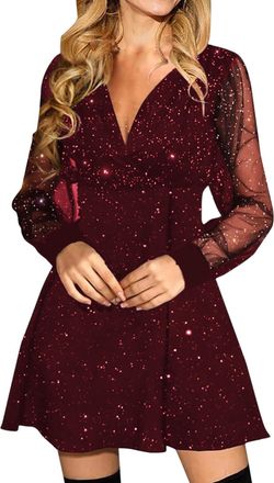 Generic Women Party Dress Sequin Mesh Long Sleeves Dress Sexy Minidress V Neck A Line Dresses Slim Bodycon Cocktail Party Club Outfits Carnival Costume Glitte