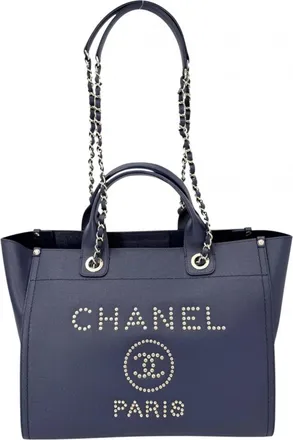Chanel Blue Navy Grained Calfskin Handbag Shoulder Bag Tote Bag (Pre-Owned)