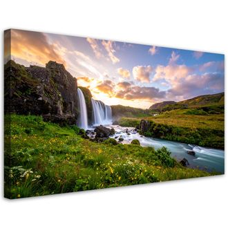 Feeby Cuadro En Lienzo, Vista Pradera Cascada Naturaleza, 120x60