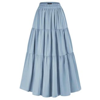 Generic Women Tiered Skirt Elastic High Waist Swing Skirt Vintage Lady Irregular Hem Flouncing Long Skirts-Light Blue-XL