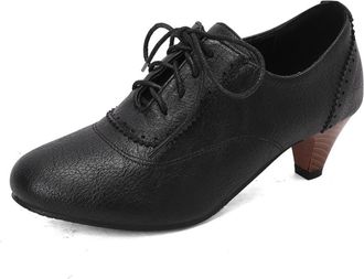 Generic Womens Lace-Up Mid-Heel Oxfords Scalloped Brogued Trim Textured Upper Round Toe Block Heel Adjustable Laces Contrast Laces Stylish Durable,Black,10.5 