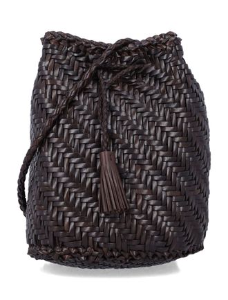 Dragon Diffusion Pompom Dark Brown Woven Bucket Bag