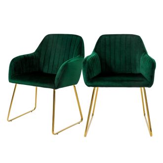 ML Design Ml-design - Juego De 2x Sillas De Comedor Verdes Asiento Ergon&oacute;mico Acolchado Tapizado De Terciopelo, Patas De Metal Dorado Sill&oacute;n De Dise&ntilde;o Moderno P