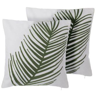 Beliani Conjunto De Cojines Decorativos De Algod&oacute;n Blanco Con Hoja De Palma 45 X 45 Cm Motivo Floral Decoraci&oacute;n Moderna Azami