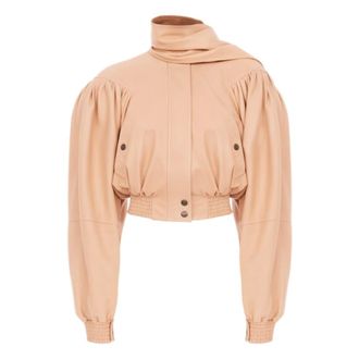 Chlo&eacute; Jassen, Dames, Roze, S, Leer, Cropped leren jack met sjaaldetail